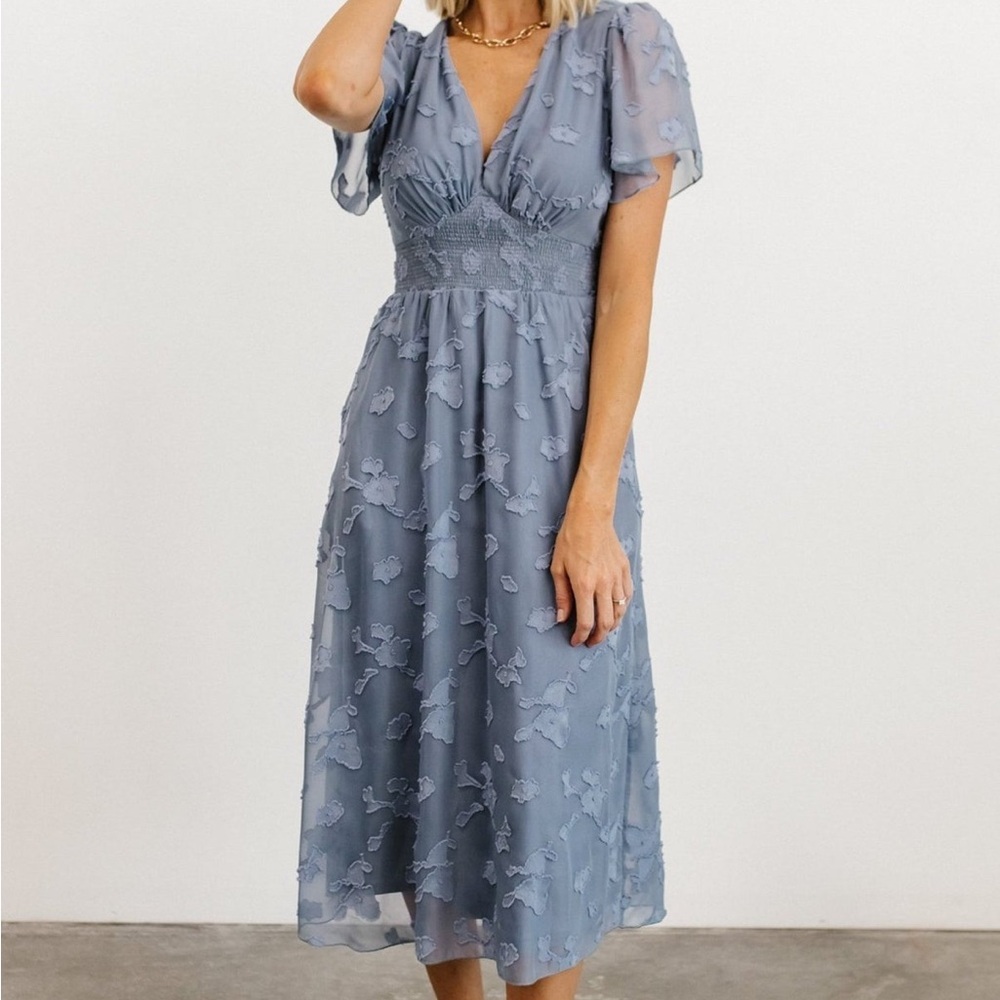 Baltic Born Dusty Blue Embroidered Midi Dress